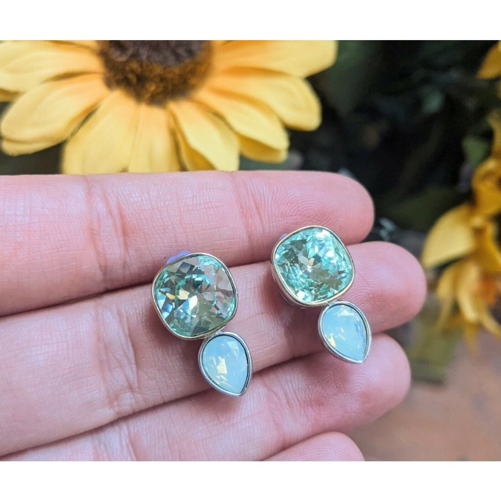 Signed FD Sterling Silver 925 Green Crystal Square Teardrop Pierced Earrings